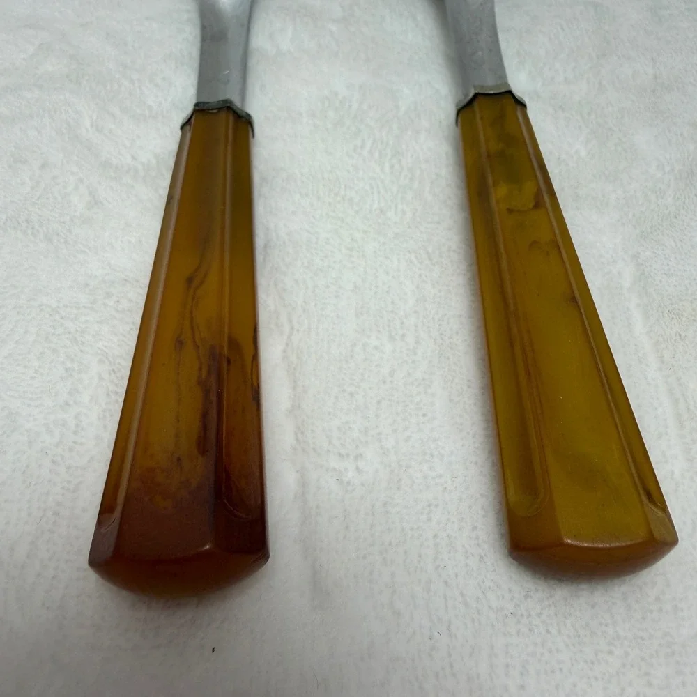 VTG Butterscotch Amber Marbled‎ Salad Serving Set Fork and Spoon MCM Retro Farm